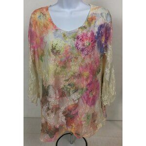 Frazzle Top Women Size L Ivory Lace w Pink Blue Flowers Lined Scoop Neck Sequins
